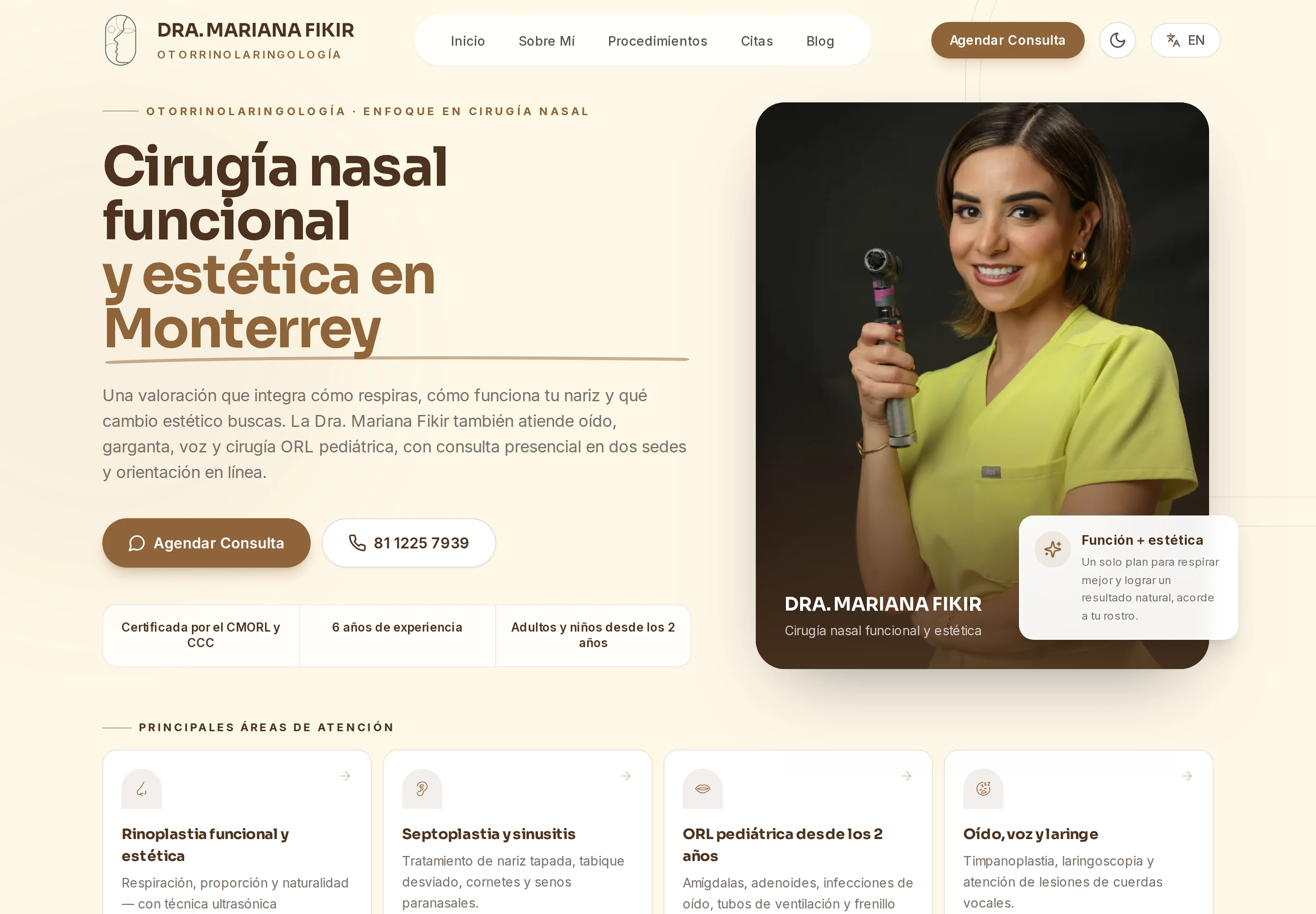 Sitio web de otorrinolaringología con identidad café y crema